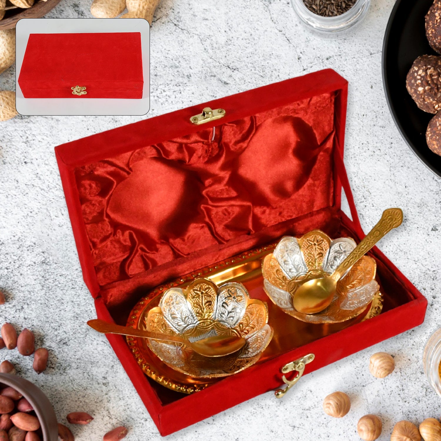 5in1 Gold Silver Plated 2 Bowl 2 Spoon Tray Set Brass with Red Velvet Gift Box Serving Dry Fruits Desserts Gift 5in1 Gold Silver Plated 2 Bowl 2 Spoon Tray Set Brass with Red Velvet Gift Box Serving Dry Fruits Desserts Gift